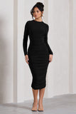 Emilie Black Ruched Long-Sleeve Midi Dress