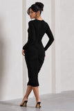 Emilie Black Ruched Long-Sleeve Midi Dress