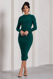 Emilie Bottle Green Ruched Long-Sleeve Midi Dress