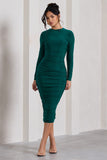 Emilie Bottle Green Ruched Long-Sleeve Midi Dress