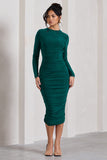 Emilie Bottle Green Ruched Long-Sleeve Midi Dress