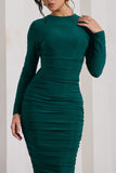 Emilie Bottle Green Ruched Long-Sleeve Midi Dress