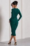 Emilie Bottle Green Ruched Long-Sleeve Midi Dress