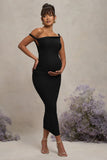 Salome Black Twisted Asymmetric Maternity Midi Dress