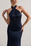 Unbeatable Navy Satin Cross Over Halterneck Maxi Dress