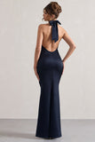 Unbeatable Navy Satin Cross Over Halterneck Maxi Dress