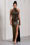 Star Quality Gold Metallic Halter-Neck Open-Back Split Maxi Dress