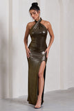 Star Quality Gold Metallic Halter-Neck Open-Back Split Maxi Dress