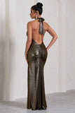 Star Quality Gold Metallic Halter-Neck Open-Back Split Maxi Dress