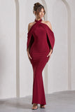 Revelation Berry Red Crossed Halter-Neck Maxi Dress With Cape
