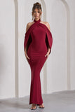 Revelation Berry Red Crossed Halter-Neck Maxi Dress With Cape