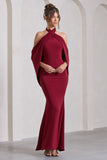 Revelation Berry Red Crossed Halter-Neck Maxi Dress With Cape