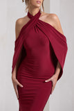 Revelation Berry Red Crossed Halter-Neck Maxi Dress With Cape