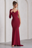 At Dusk Berry Red One-Sleeved Cowl-Neck Fishtail Maxi Dress