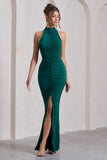 Memorable Bottle Green Ruched High-Neck Split Maxi Dress
