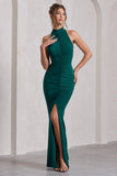Memorable Bottle Green Ruched High-Neck Split Maxi Dress