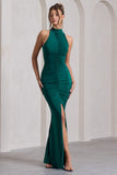 Memorable Bottle Green Ruched High-Neck Split Maxi Dress