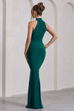 Memorable Bottle Green Ruched High-Neck Split Maxi Dress