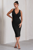 Marlowe Black Ruched Plunge Sleeveless Midi Dress
