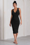 Marlowe Black Ruched Plunge Sleeveless Midi Dress