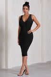 Marlowe Black Ruched Plunge Sleeveless Midi Dress