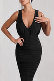 Marlowe Black Ruched Plunge Sleeveless Midi Dress