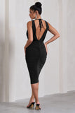 Marlowe Black Ruched Plunge Sleeveless Midi Dress