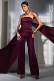 Amaya Dark Plum Bandeau Wide-Leg Jumpsuit With Cape