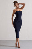 East End Navy Strapless Gathered Midi Dress