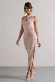 Jaiya Champagne Ruched Halter-Neck Asymmetric Maxi Dress