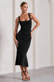 Evora Black Ruched Square-Neck Midi Dress
