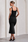 Evora Black Ruched Square-Neck Midi Dress