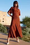 Elidy Terracotta Ruched Flutter-Sleeve Cut-Out Maxi Dress