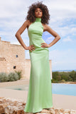 Adoria Light Green Satin High-Neck Maxi Dress