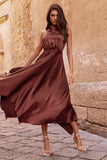 Kerri Chocolate Brown Satin Cowl-Neck Maxi Dress