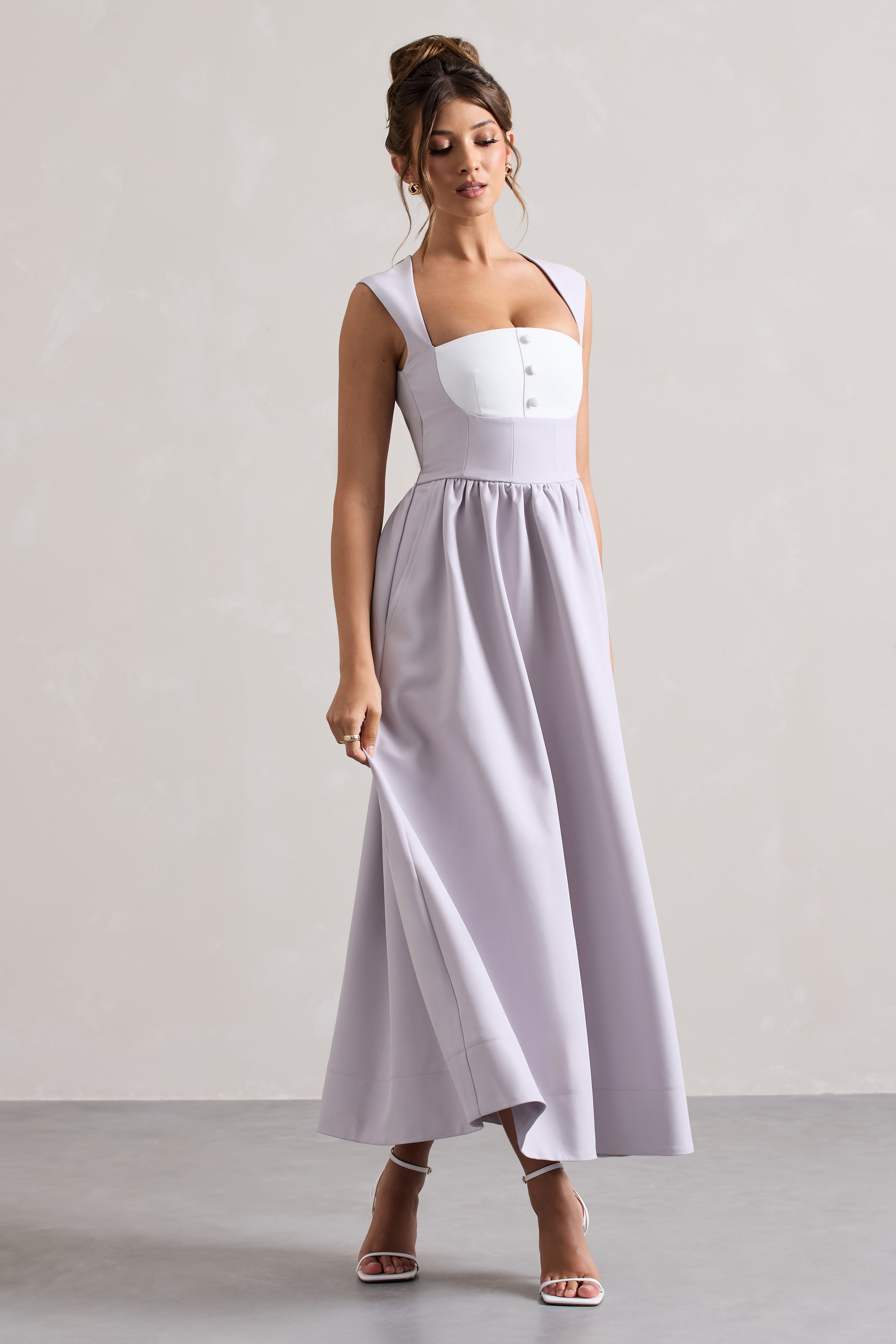 Maybelle Mauve Square-Neck Corset Skater Maxi Dress