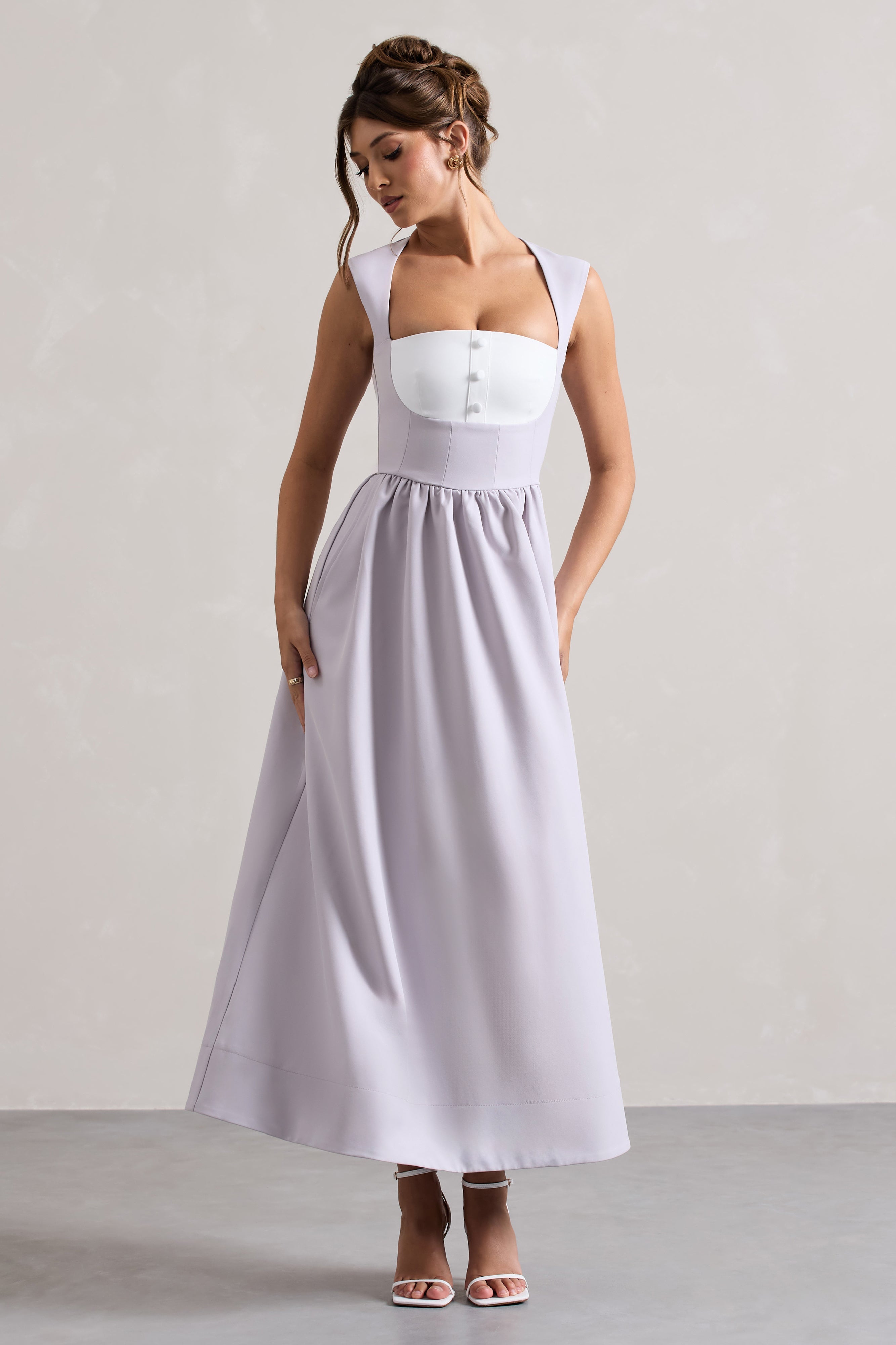Maybelle Mauve Square-Neck Corset Skater Maxi Dress