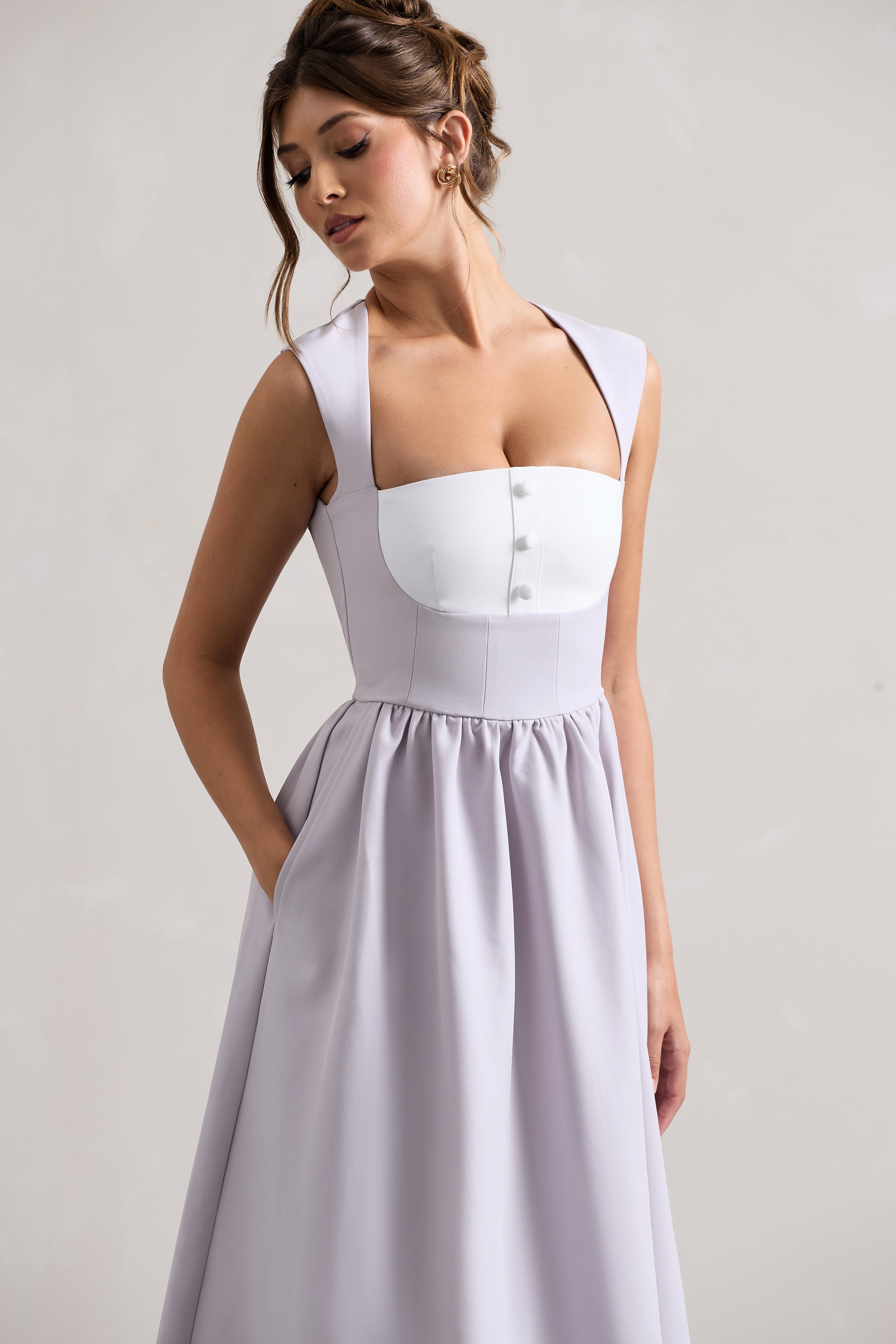 Maybelle Mauve Square-Neck Corset Skater Maxi Dress