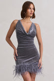 Mirror Me Silver Velvet Embellished Cowl-Neck Mini Dress With Feather Trim