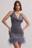 Mirror Me Silver Velvet Embellished Cowl-Neck Mini Dress With Feather Trim
