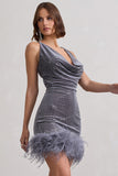 Mirror Me Silver Velvet Embellished Cowl-Neck Mini Dress With Feather Trim