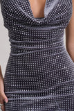 Mirror Me Silver Velvet Embellished Cowl-Neck Mini Dress With Feather Trim