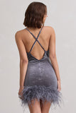 Mirror Me Silver Velvet Embellished Cowl-Neck Mini Dress With Feather Trim