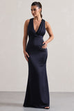 Tiffany Navy Satin Plunge-Neck Maxi Dress