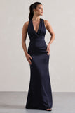 Tiffany Navy Satin Plunge-Neck Maxi Dress