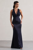 Tiffany Navy Satin Plunge-Neck Maxi Dress