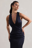 Tiffany Navy Satin Plunge-Neck Maxi Dress