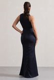 Tiffany Navy Satin Plunge-Neck Maxi Dress