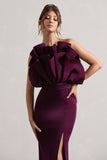 Set The Bar Plum Ruffled Strapless Split Maxi Dress
