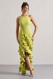 Sommer Lime Green Racer-Neck Ruffle Maxi Dress